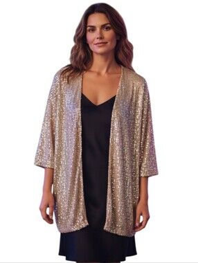Sequin Open-Front Duster Cardigan in Champagne Size Large NWT